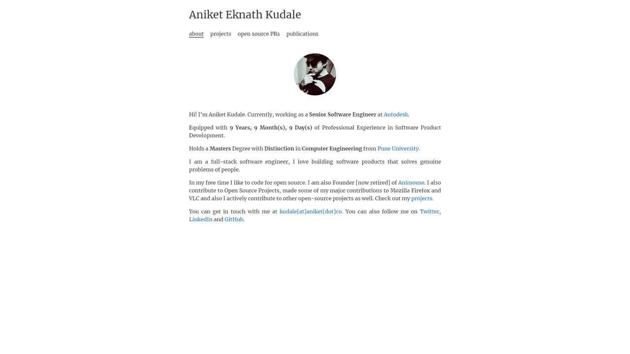 Aniket Kudale's website screenshot