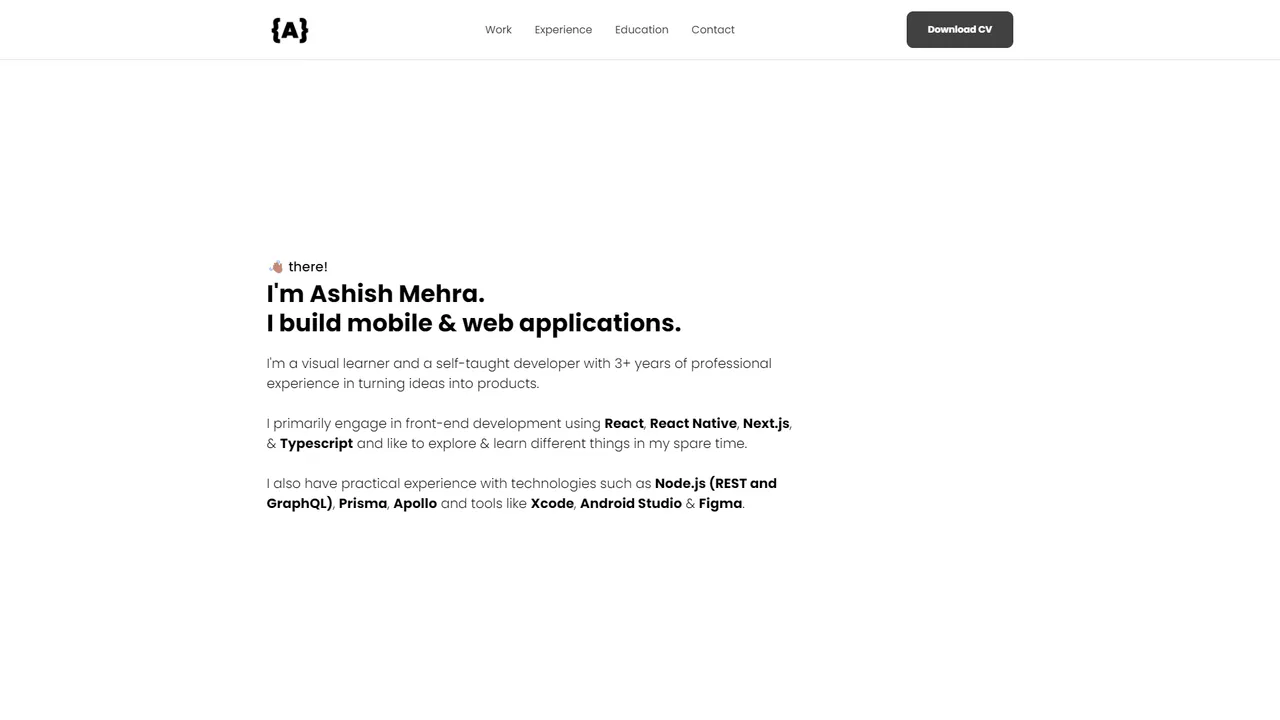 Ashish Mehra's website screenshot