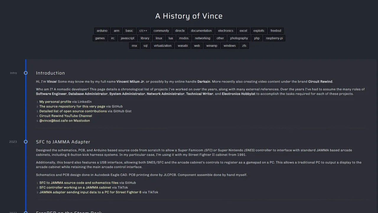 Vincent Milum Jr's website screenshot