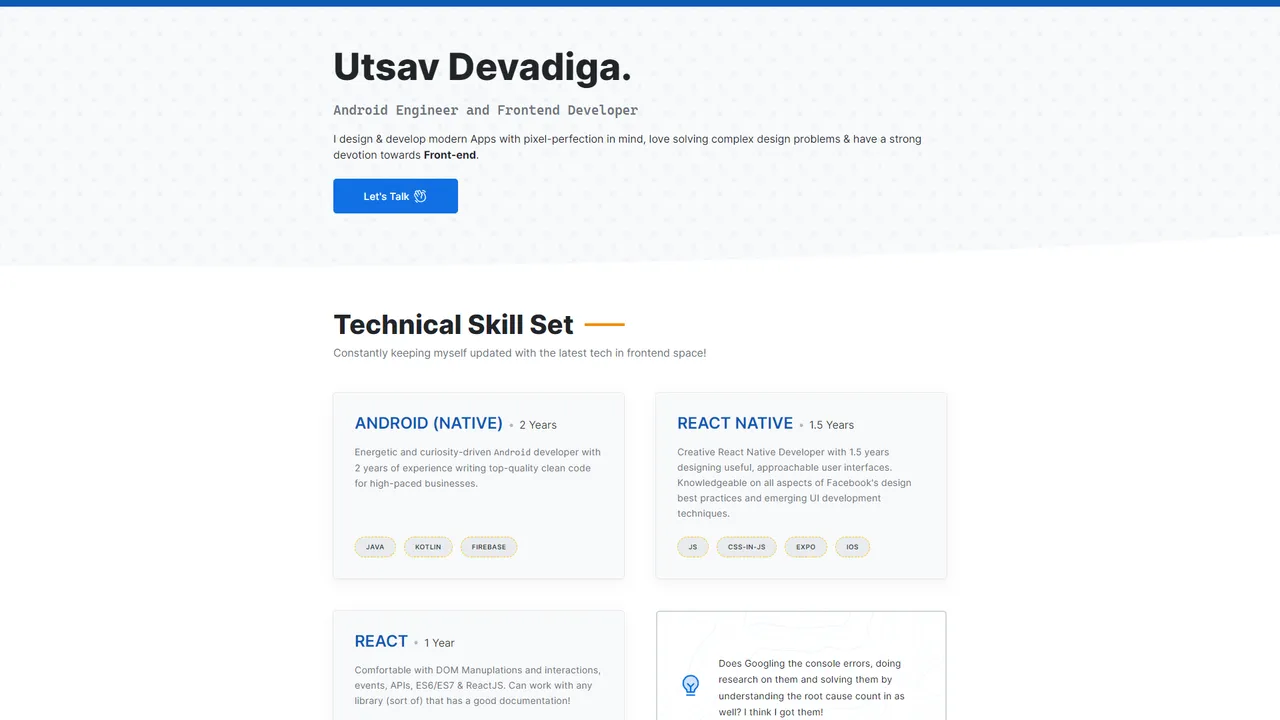 Utsav Devadiga's website screenshot