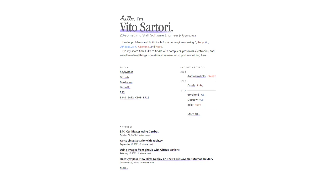 Vito Sartori's website screenshot