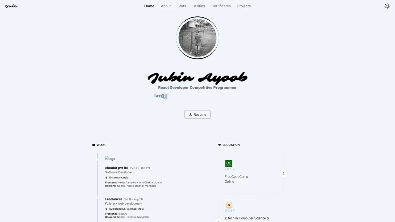 Jubin Ayoob's website screenshot