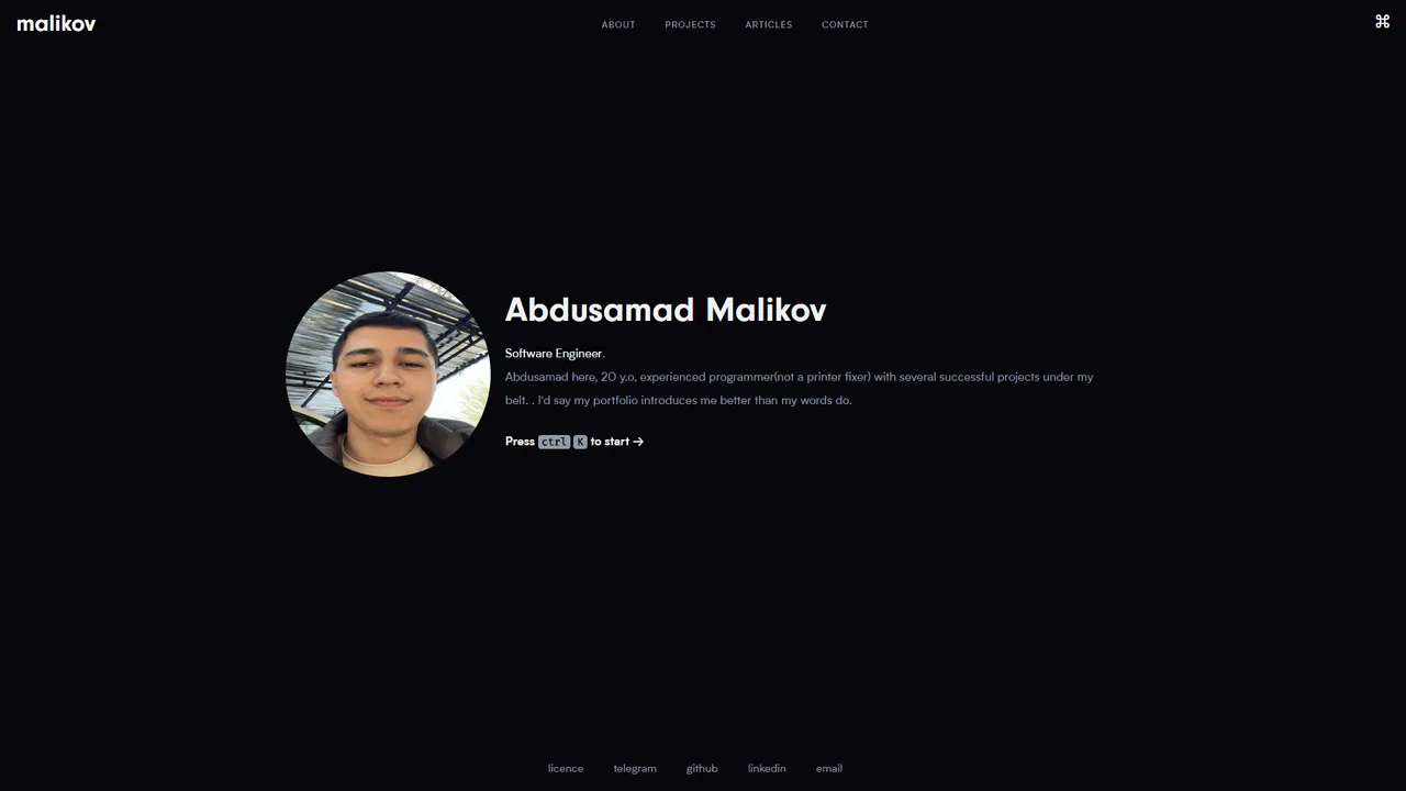 Abdusamad Malikov's website screenshot