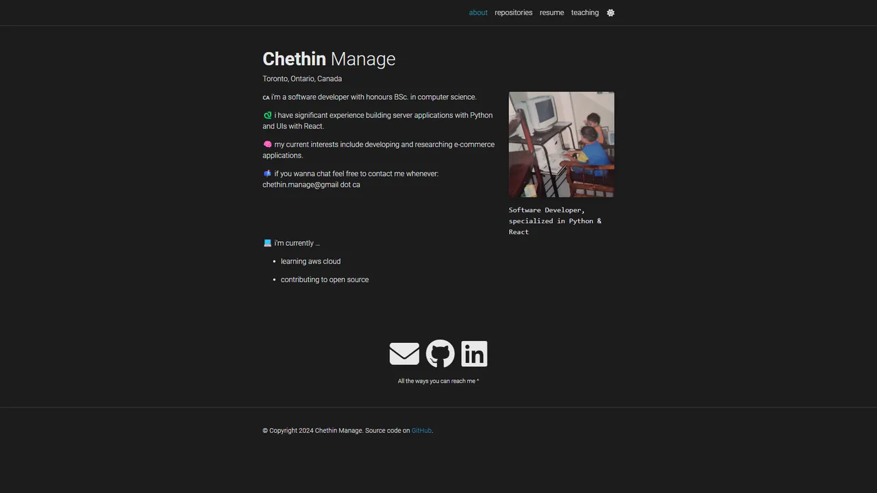 Chethin Manage's website screenshot